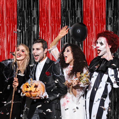 8 Pack Halloween Party Supplies - Red & Black Foil Streamer Tinsel Backdrop | 3.28 FT x 7.05 FT