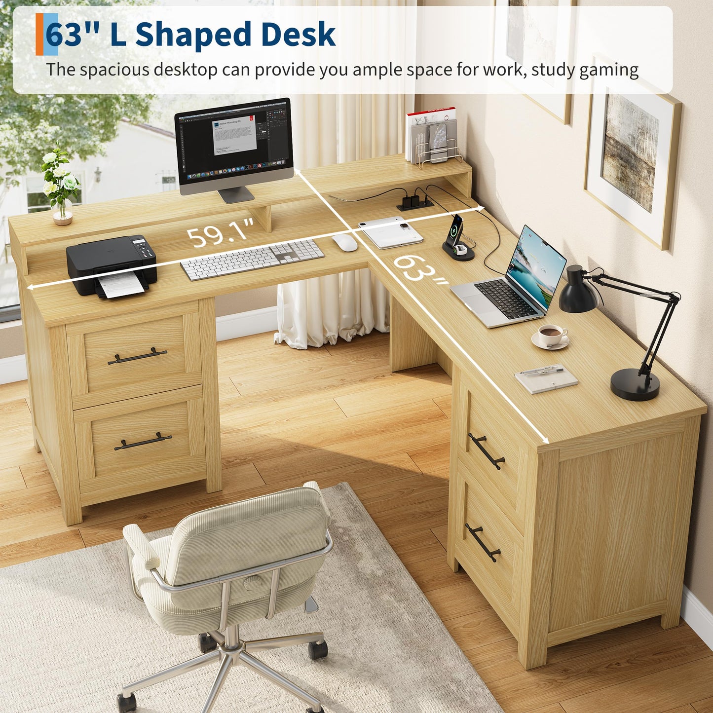Garvee 63" Executive l Shaped Desk with 4 File Drawers & Power Outlet, Large Corner Computer Desk with Monitor Stand and Power Outlets, Home Office Desks with Storage Drawers