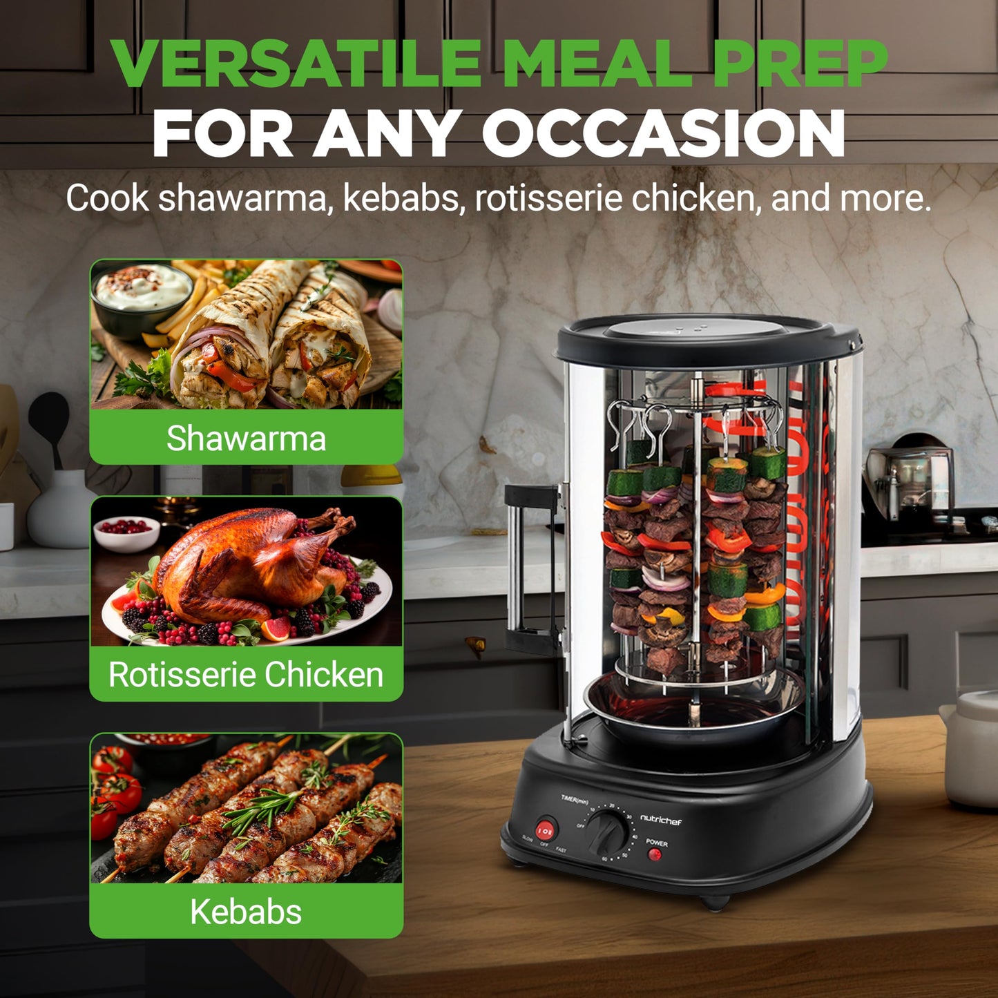 NutriChef Countertop Vertical Rotating Oven - Rotisserie Shawarma Machine, Kebob Machine, Stain & Heat Resistant Door & Energy Efficient, Includes Kebob Rack with 7 Skewers (PKRTVG34)