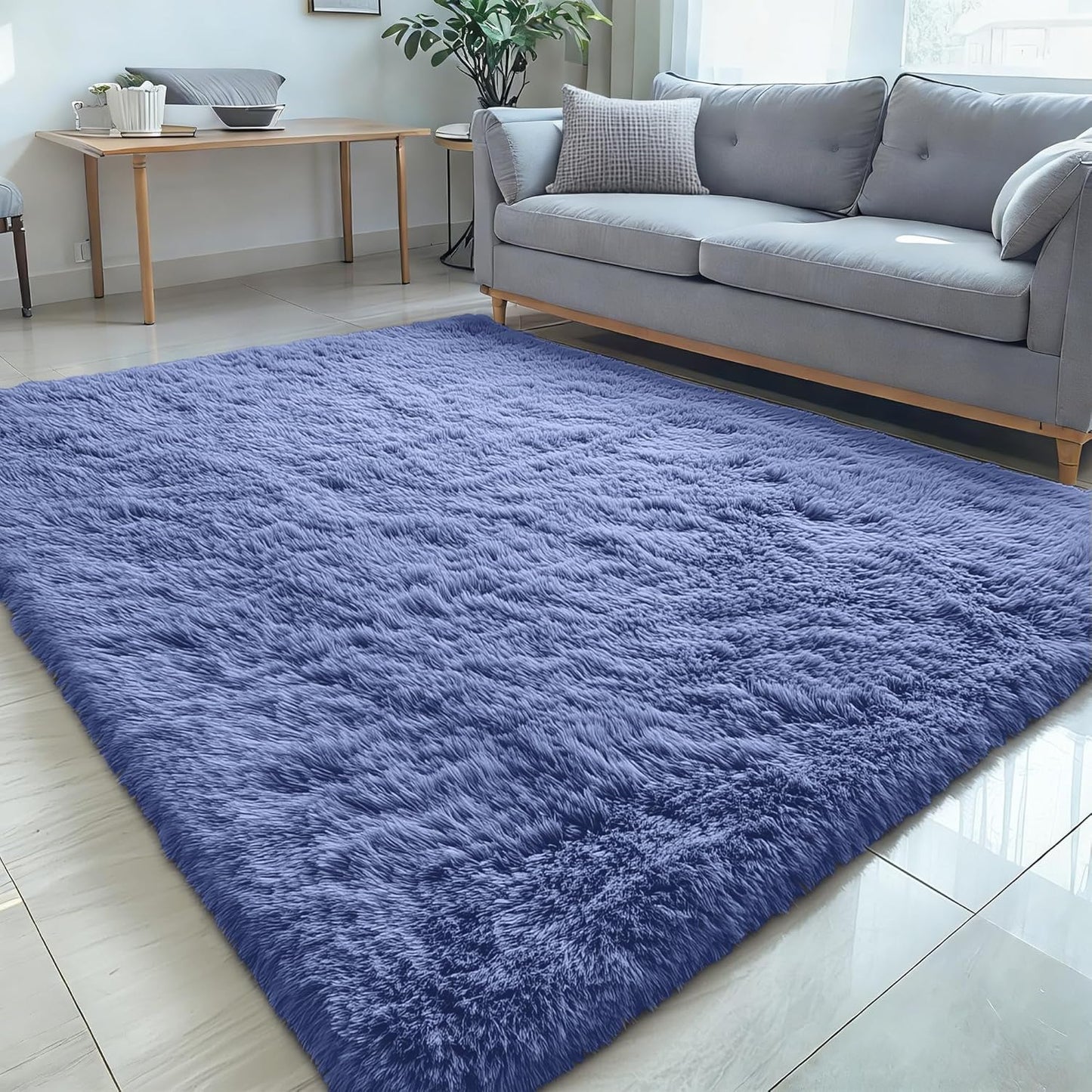 OLANLY Large Area Rug - Soft Fluffy Shaggy Carpet for Living Room & Bedroom | Denim Blue, 5x8 ft