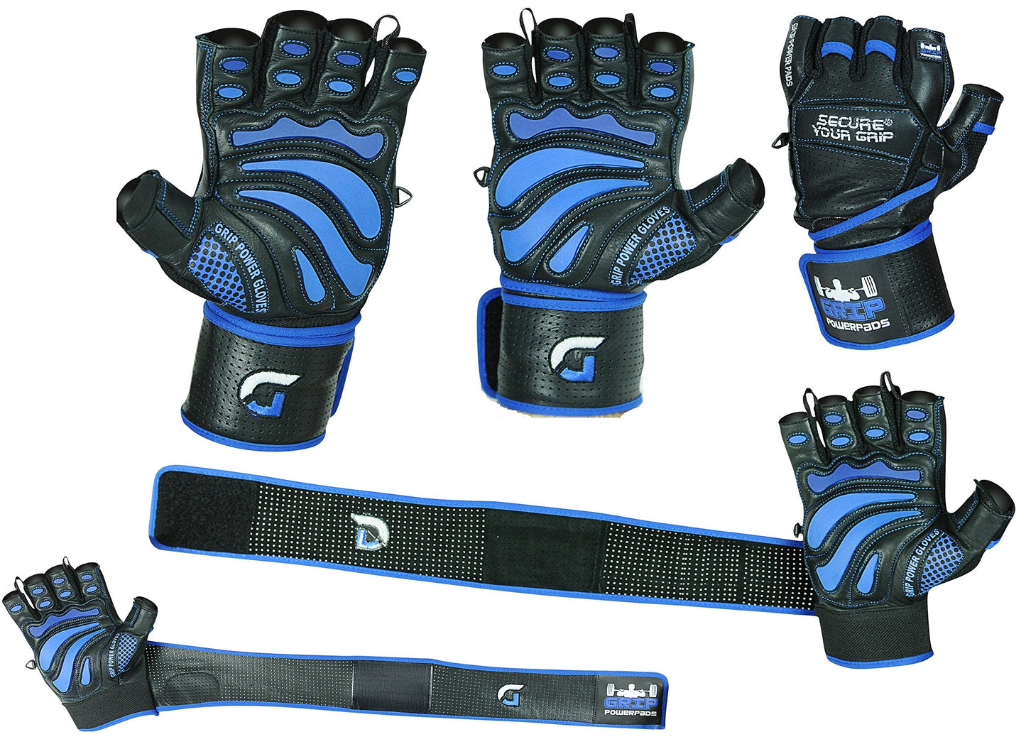 Elite Leather Gym Gloves with Built in 2" Wide Wrist Wraps Grip & Design for Weightlifting Power Lifting Bodybuilding & Strength Training Workout Exercises (Blue, X-Small)
