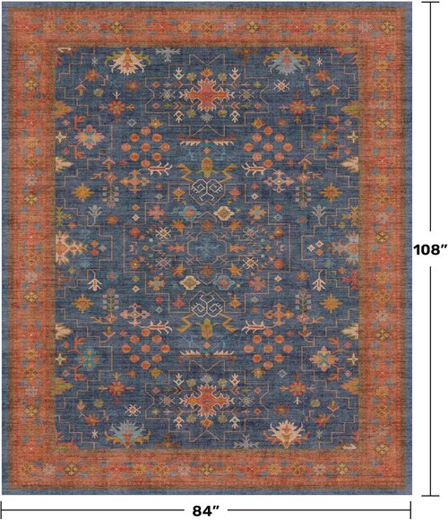 Hazo Haus Area Rug - 7x9 Washable Dining Room Rug | Low Pile Non-Slip Design in Navy Blue Vintage Boho