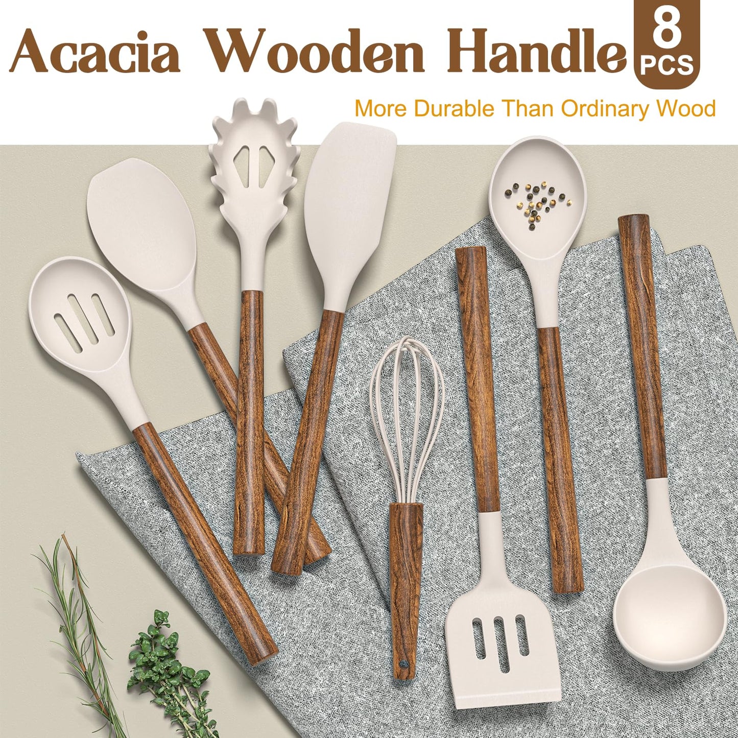 Silicone Cooking Utensil Set,Umite Chef 8-Piece Kitchen Utensils Set with Natural Acacia Wooden Handles, Silicone Kitchen Gadgets and Spatula Set for Nonstick Cookware - Khaki