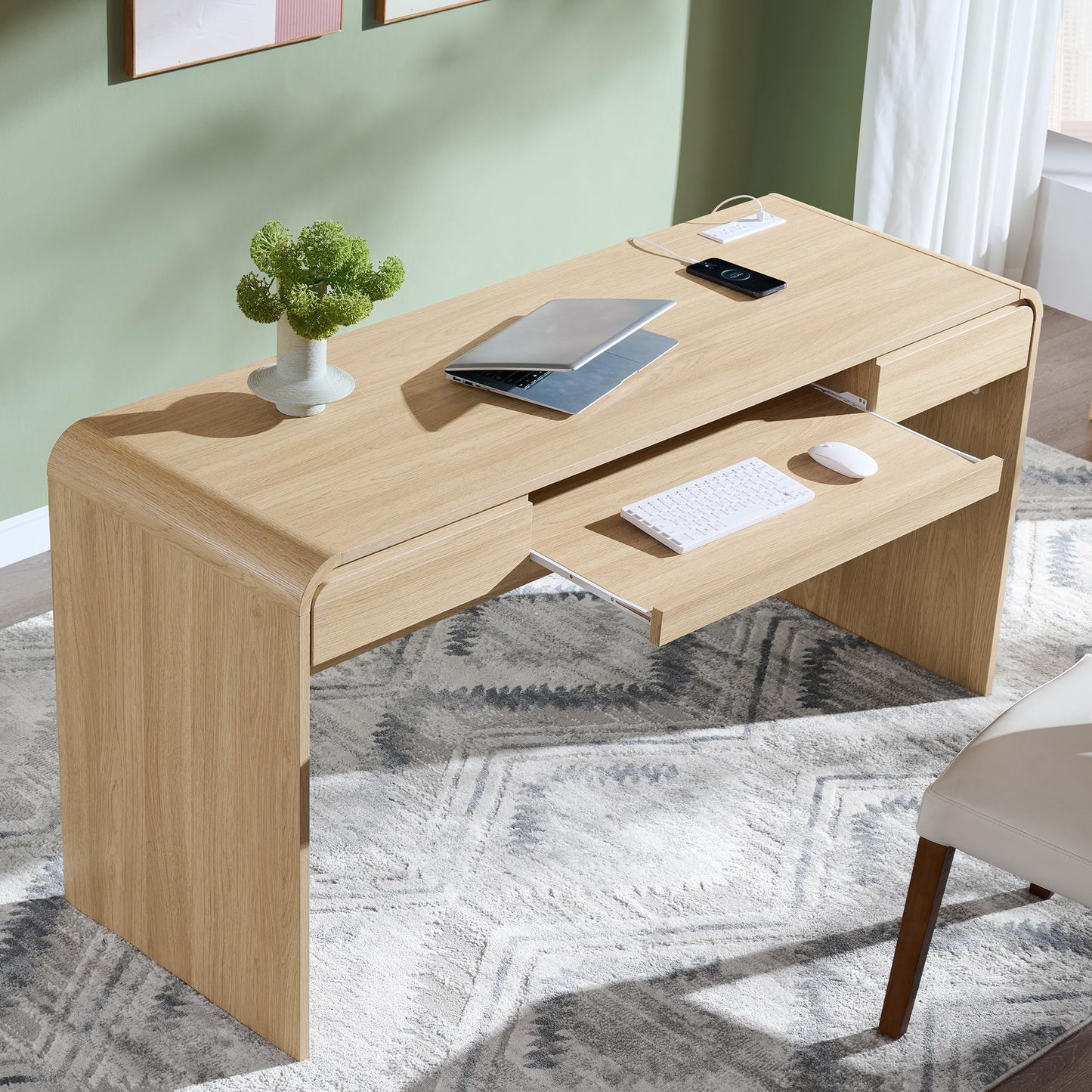 ALLTUFO 63" Modern Computer Desk with 2 Drawers, Wood Curved Executive Desk with Keyboard Tray & Power Outlet, Writing Desks with Storage for Home Office, Study Room, Living Room (Natural)
