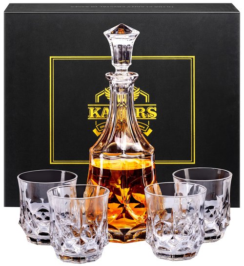 KANARS Whiskey Decanter Sets for Men, 25 Oz Liquor Decanter with 10 Oz Crystal Glasses in Luxury Box for Bourbon Scotch Rum Tequila Vodka, Whisky Gifts for Birthday New Year Father's Day
