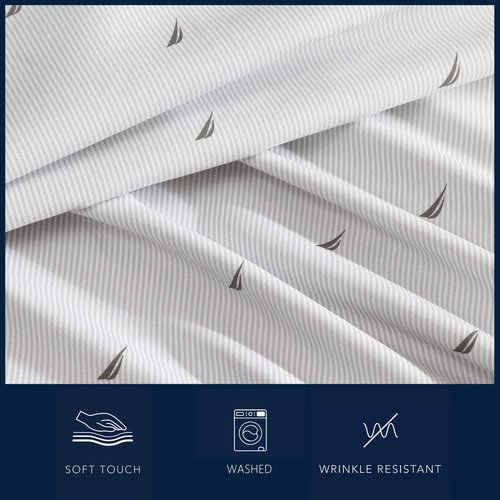 Nautica - Full Sheet Set, Breathable & Cooling Microfiber Bedding with Matching Sham(s), Wrinkle Resistant Bed Set (J-Class Boat Stripe Grey, Full)