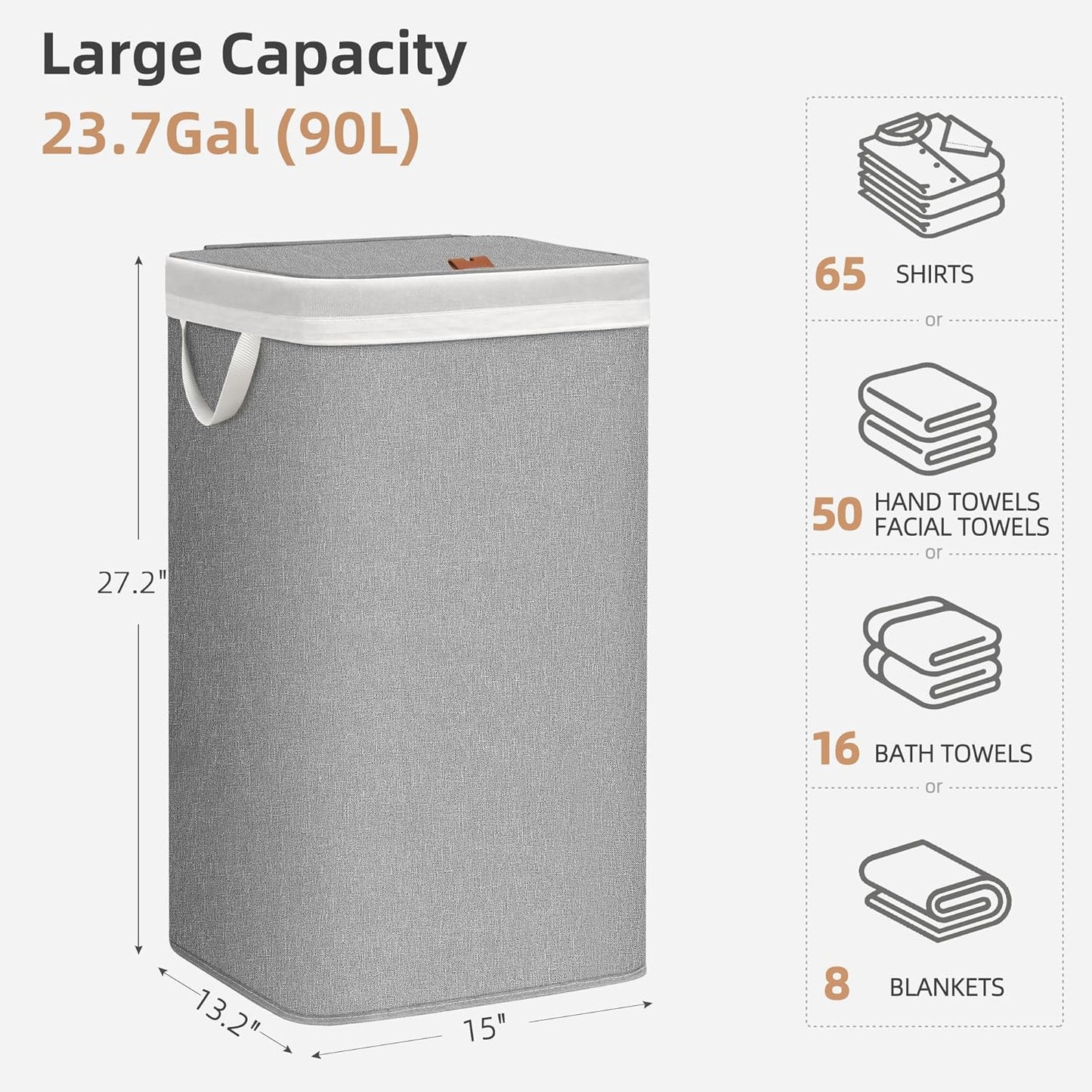 Storage Maniac Metal Frame Laundry Hamper - 90L Tall Basket with Lid & Removable Bag | Gray