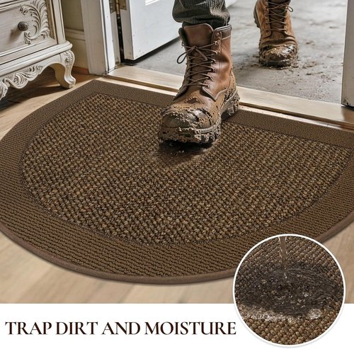 Half Circle Door Mat by [Brand Name] - Non-Slip, Washable Indoor Entrance Mat | 17"x30", Brown, Traps Dirt & Moisture