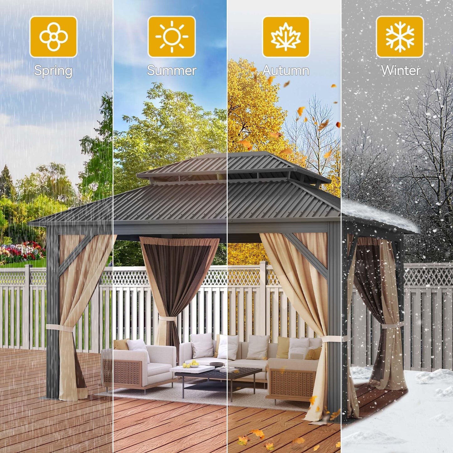 DWVO 12x14ft Hardtop Gazebo Double Roof with Nettings and Curtains, Heavy Duty Galvanized Steel Outdoor Vertical Stripes Roof for Patio, Backyard, Deck, Lawns, Brown