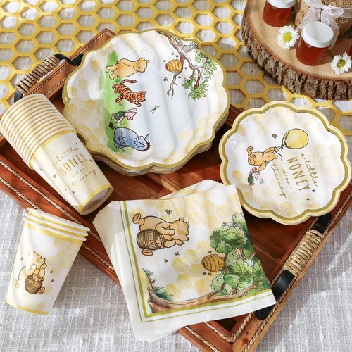 Kate Aspen Honey Bear 78-Piece Winnie Baby Shower Plates and Cups and Napkins Sets for 16 Guests, Classic Winnie Baby Shower Decorations Boy or Girl, Party Paper Plates & Party Supplies