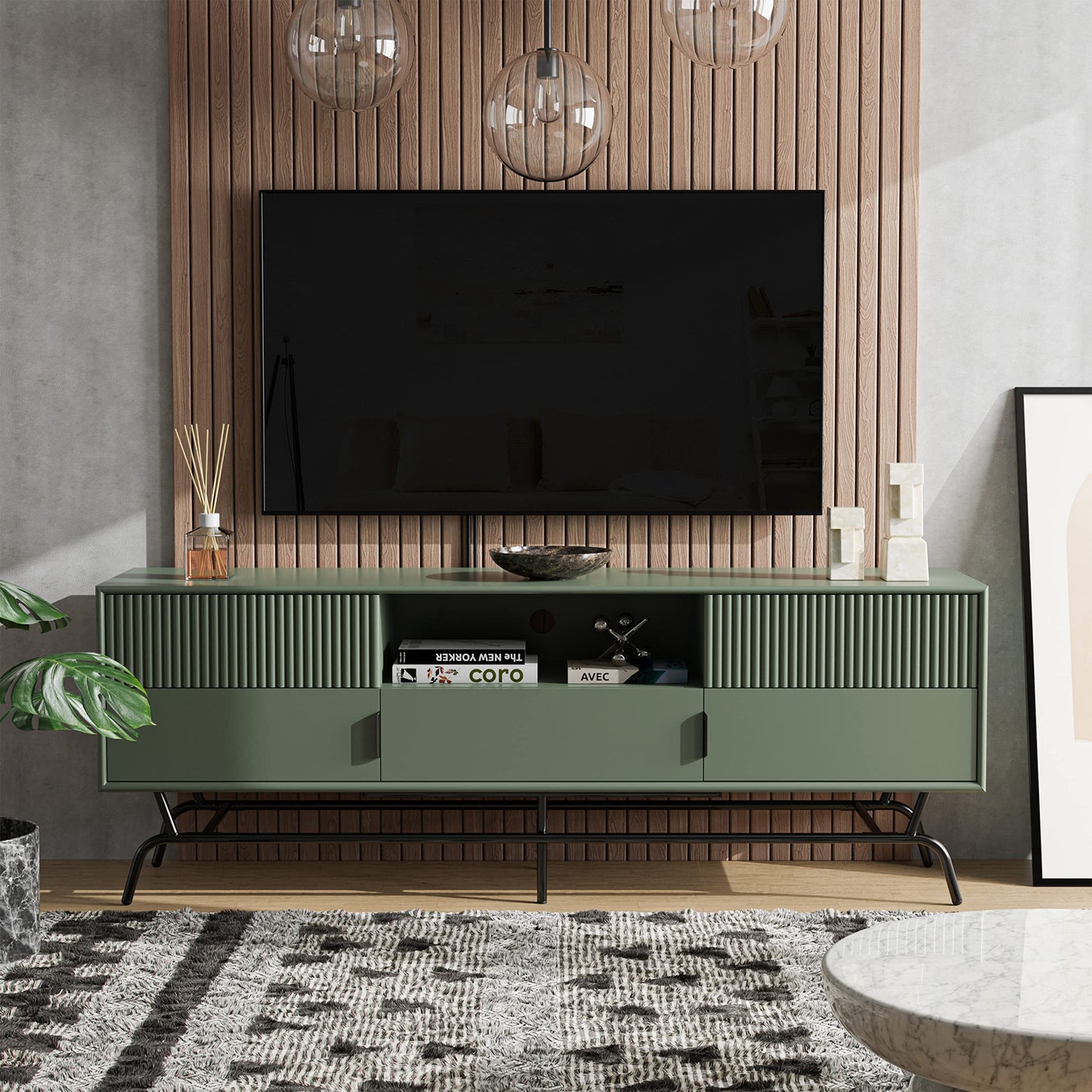 24/7 Shop at Home Quin Modern TV Stand with Storage Drawers, Media Console Cabinet, Entertainment Center for 65 inch Television, Unique Living Room Furniture, Sage Green