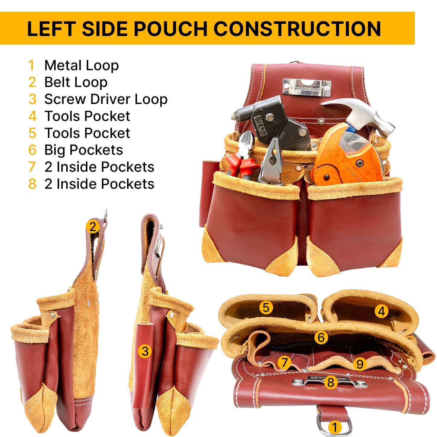 Grain Leather 18 Pockets, Leather Tool Belts for Men, Tool Pouch Rig Set, Tool Bags For Carpenters And Electricians, Construction Belt, Rig Set - Maroon