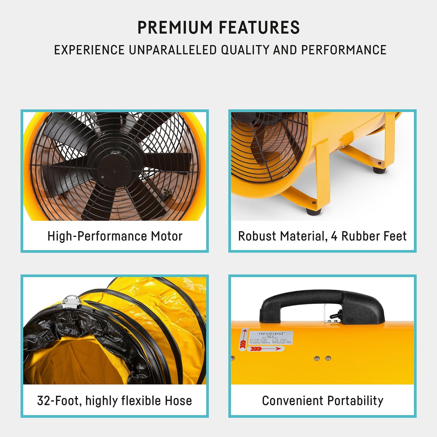 neverest® 12-Inch Industrial Blower Fan, High-Powered 2400 CFM Portable Blower/Exhaust Fan with 32ft Flexible Hose, 7ft Cable/Plug, Heavy-Duty Exhaust Fan for Construction, Workshops