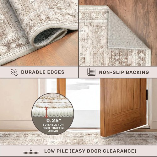 Boho 2x8 Long Runner Rug - Non-Slip Vintage Floral Design for Kitchen & Hallway | Washable Beige Latte