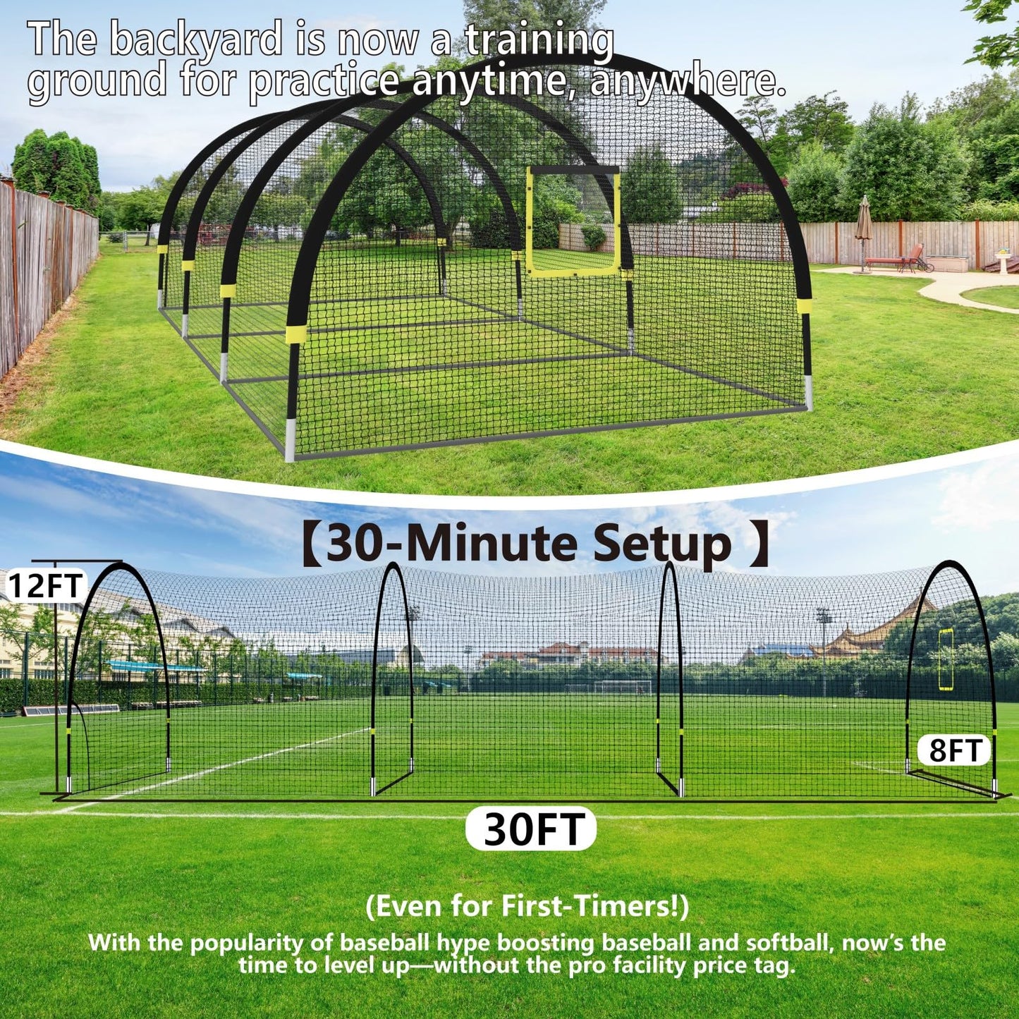 IDEATRY Baseball Batting Cages for Backyard - 30ft x 12ft x 8ft Portable Practice Softball Cage Net and Frame with Pitching Machine Hole, 12.7MM Fibreglass Poles and Carry Bag