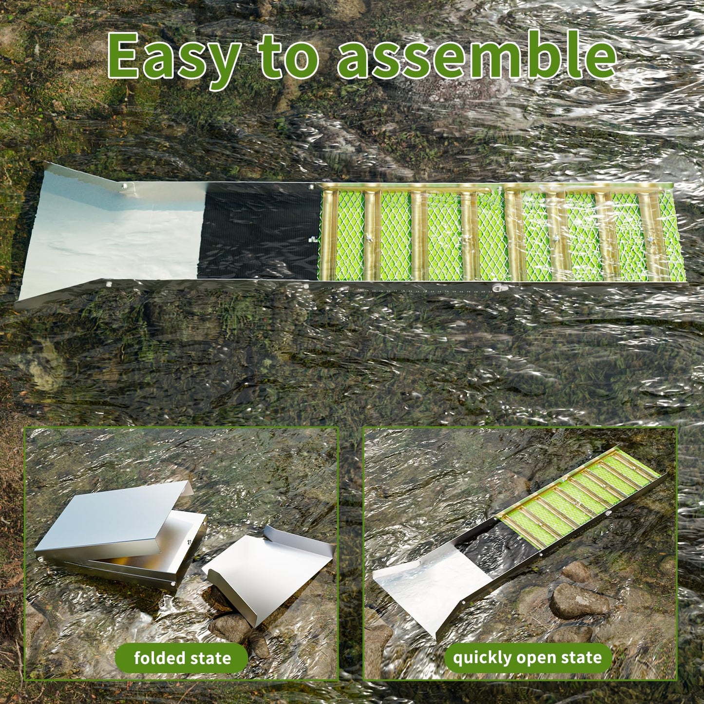 50 Inch Folding Aluminum Sluice Box Gold Panning Kit with Miner's Moss, Portable Lightweight Gold Prospecting Tool for River & Creek Dredging