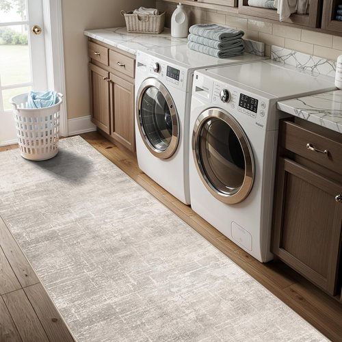 Abstract Kitchen Rug Runners | Washable Non-Slip 10ft Soft Indoor Area Rug - Beige/Cream (2x10)