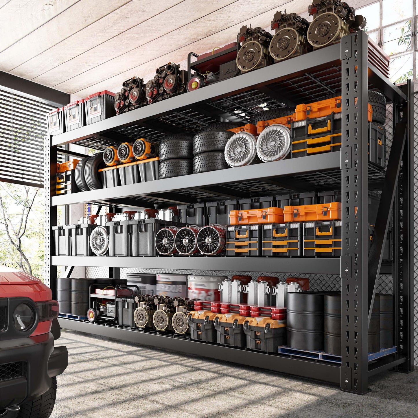 Bepatio 8000LBS Heavy Duty Garage Shelving,77"W Industrial Storage Shelves,4 Tier Adjustable Metal Shelving Unit,Rust Proof Large Tall Steel Rack for Basement,Warehouse,Commercial Use24"D x 72"H,Black