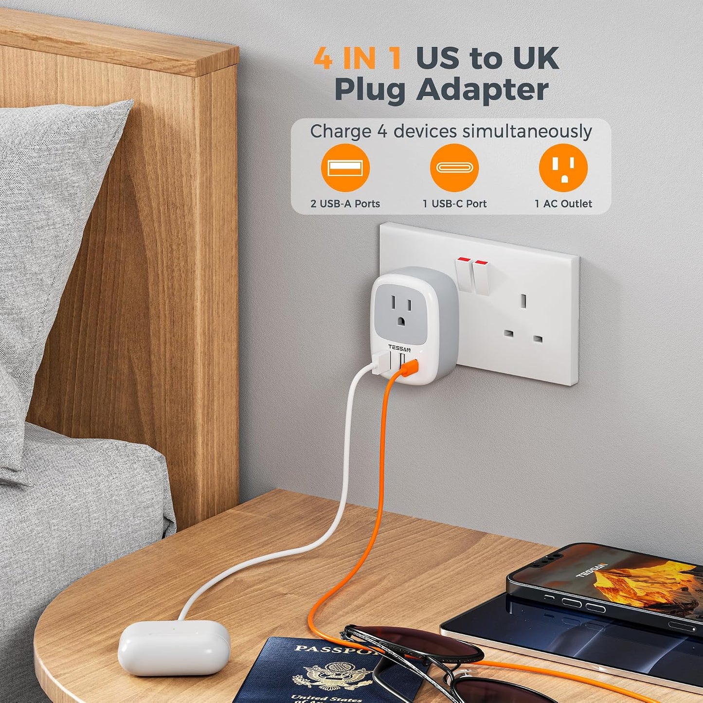 3 (1 UK Adapters for Travel, TESSAN US to UK Plug Adapter, Ireland Outlet Plug with USB Charger USB C Port), Type G