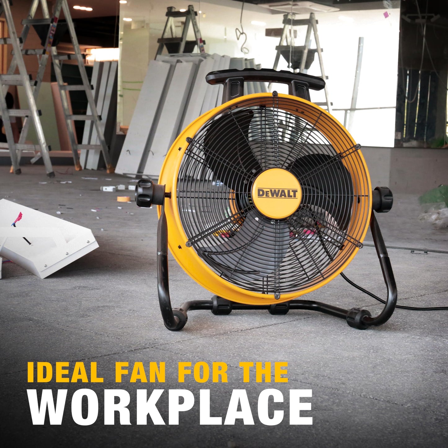 DEWALT DXF1840 Floor Fan, Industrial Fans, 18 Inch High Velocity Fan with 3-Speed Heavy Duty Air Circulator and 180 Adjustable Tilt, Large Electric Metal Rotating Garage Fan, Drum fan for Work, Yellow