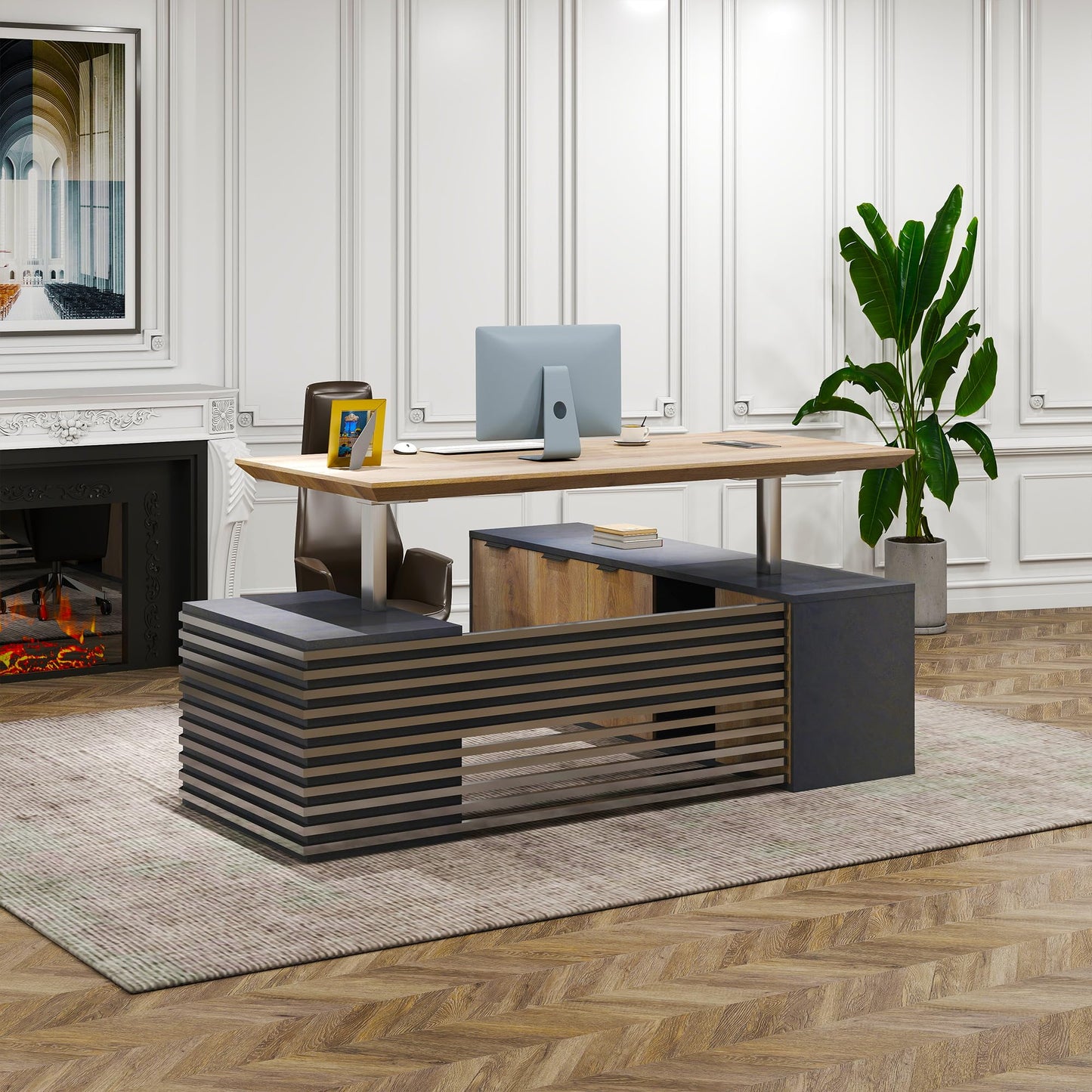 Electric Height Adjustable Executive Desk, Luxury L-Shaped Office Desk with Storage Cabinet & Charging Station, Solid Thickened Desktop, 86" Modern CEO Workstation for Home Office & Corporate Office