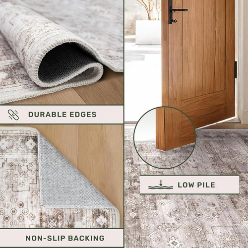 Hazo Haus Beige Washable Hallway Runner Rug - Non-Slip, Stain Resistant, 2'6"x8' Boho Floral Decor