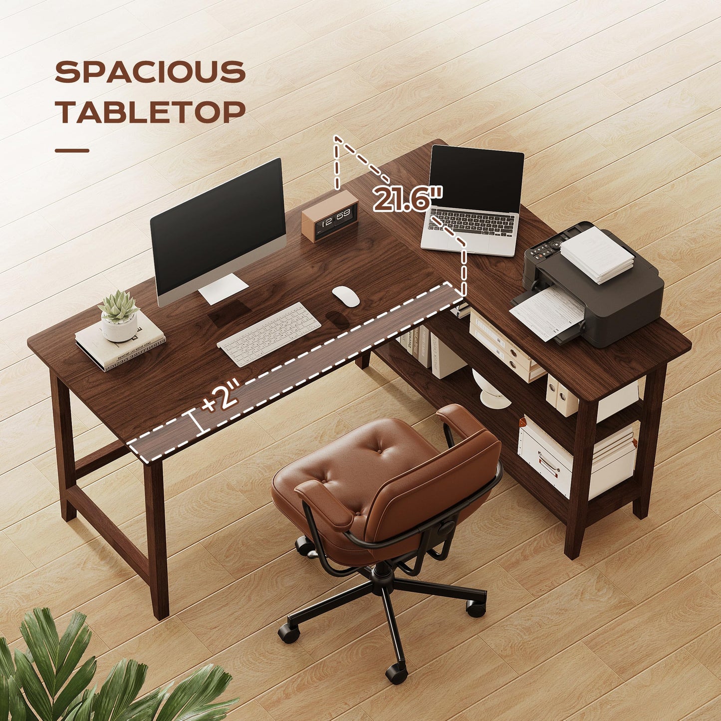 IOTXY Reversible L-Shaped Office Desk - 53" Modern Corner Computer Table with Storage Shelves, Solid Wood Legs, Home Writing & Study Workstation, Walnut