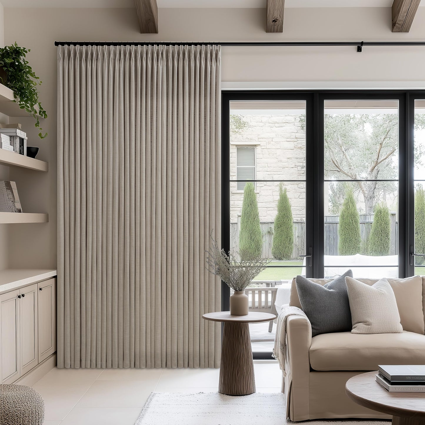 Extra Wide Pleated Curtains 108 Inches Long 100 Inch Width Patio Sliding Door Light Filtering Taupe Grey Beige Burlywood Birch Neutral Modern Neutral 100x108 Drapes Panels Living Dining Room 1 Panel