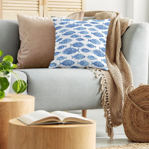 Ambesonne Blue Throw Pillow Cushion Cover, Fish Sea Animal with Ottoman Ornate Mosaic Hand Drawn Style Marine Artwork, Decorative Square Accent Pillow Case, 18" X 18", Blue