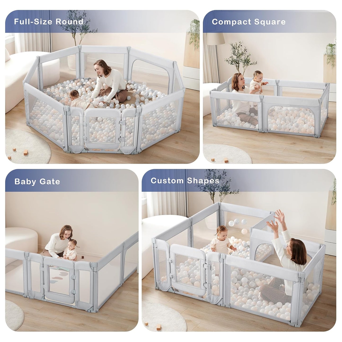 Sweeby Foldable Baby Playpen - Large 71x59 Play Yard with Gate for Indoor & Outdoor Use - Light Grey