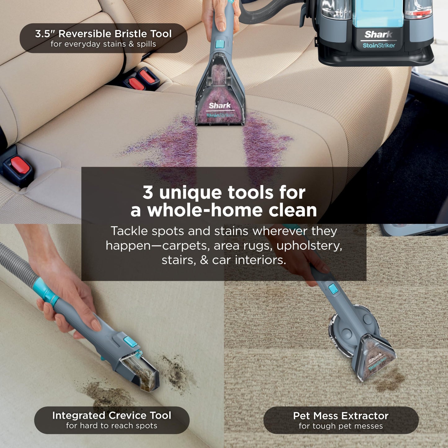 Shark StainStriker | Portable Carpet, Upholstery & Area Rug Cleaner | 4 Tools | Bonus Full-Size Solutions | Powerful Stain & Odor Remover | Deep Clean & OXY Solutions | Blue | PX202BRN