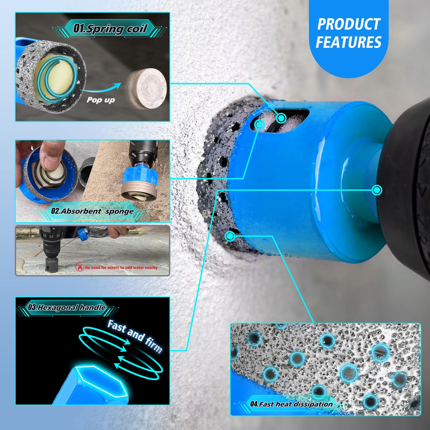 Tile Hole Saw Kit - ZNXIMER Diamond Hole Saw Kit for Tiles, Ceramic, Granite, Marble, Glass, Gypsum and More Drilling - 16pcs Tile Drill bit (6/8/10/12/20/25/28/32/35/38/45/50/65MM/2/6/10MM)
