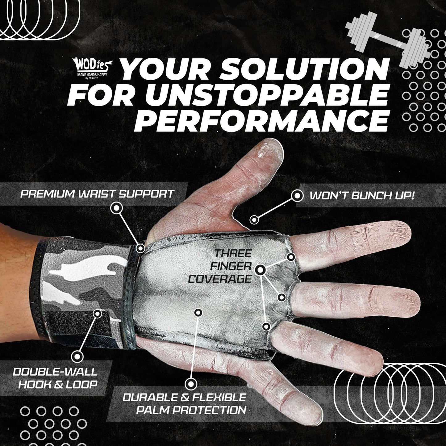 JerkFit WODies 3 Hole Gymnastics Grips with Wrist Support - Hand Grips, Latex Free Elastic Crossfit Grips for Weightlifting, Cross Training - Palm Protection Pull Up Grips (Grey Camo, S)