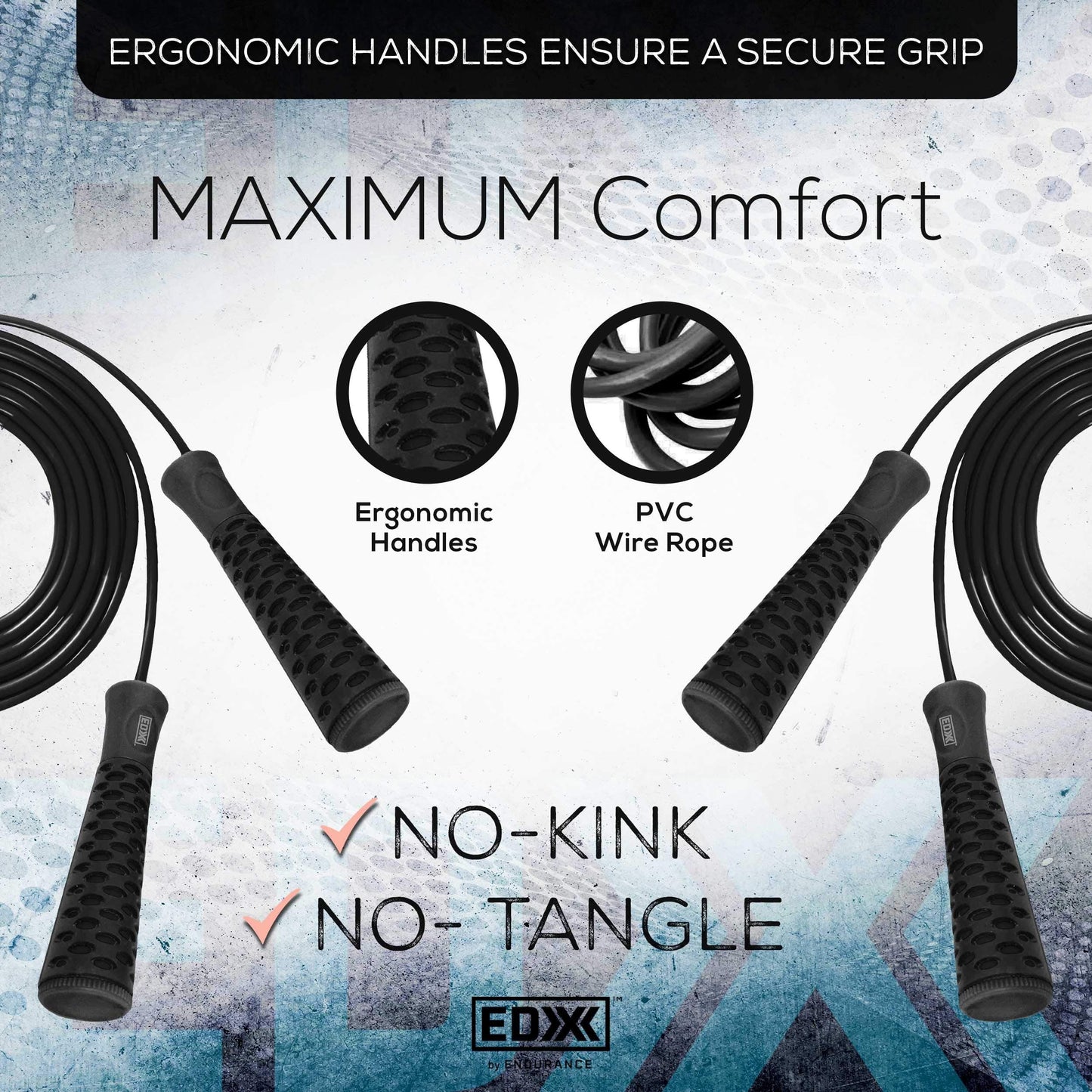 EDX Jump Rope for Fitness, Workout, Exersise - Tange-Free, Hand Grip | 10 ft, Black