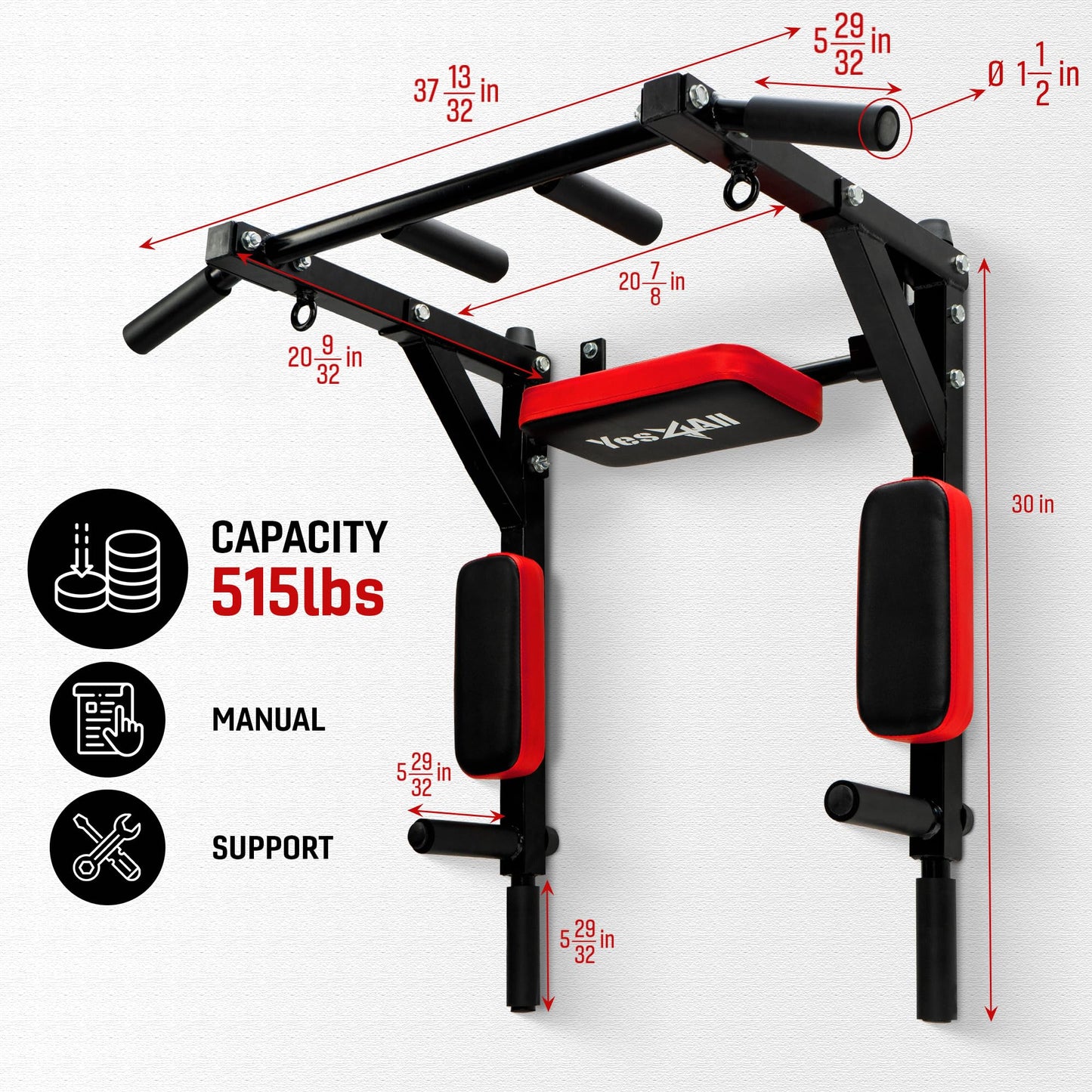 Yes4All Multifunctional Wall Mounted Pull Up Bar Chin Up Bar Dip Station for Home Gym Workout, Power Tower Set Training Equipment Fitness Supports 515 lbs