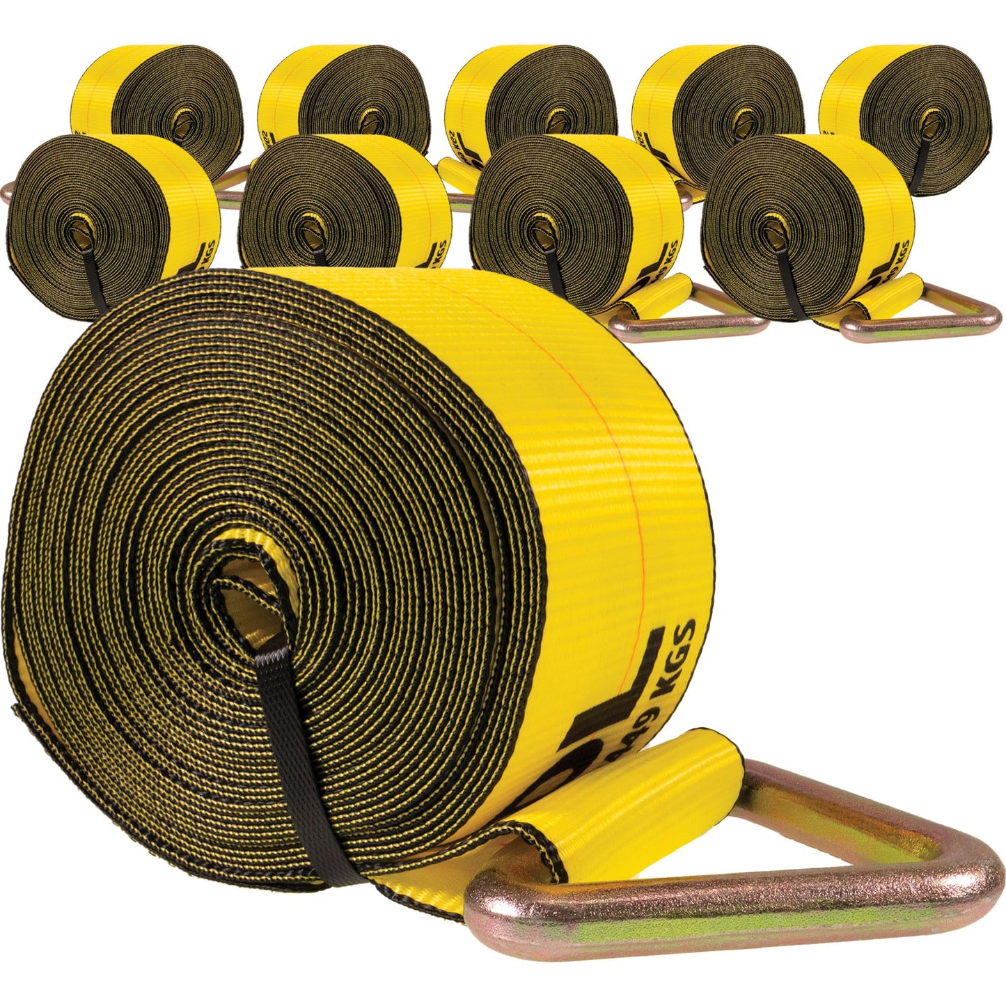US Cargo Control 4" x 30' Winch Straps with D-Rings (10-Pack), 5,400 LBS Working Load Limit, Heavy Duty Flatbed Tie Downs, Yellow 4 Inch Straps for Flatbed Trailers, Trucks, and Cargo Securement