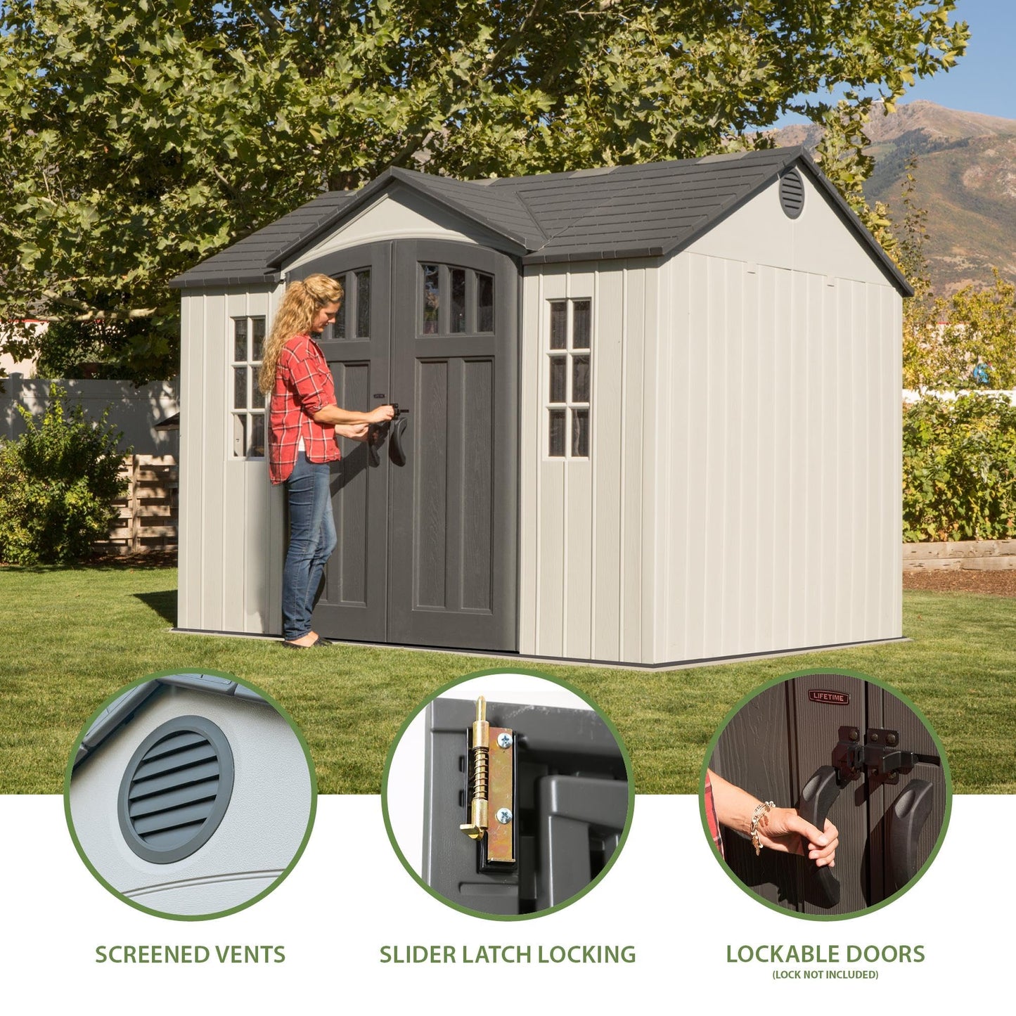 Lifetime 10×8 Ft. Outdoor Storage Shed, Dual‑Wall HDPE with Steel‑Reinforced Structure, Side‑Entry Doors with Windows, Skylight, Screened Vents, Adjustable Shelves, Slip‑Resistant Floor, UV‑Protected