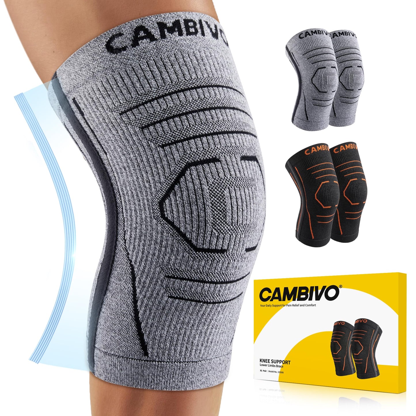 CAMBIVO 2 Pack Knee Brace for Women & Men, Latex Free & Silicone Free Compression Knee Sleeves with Side Stabilizers, Lightweight Knee Support for Arthritis, Meniscus, Walking, Running (Gray, Large)
