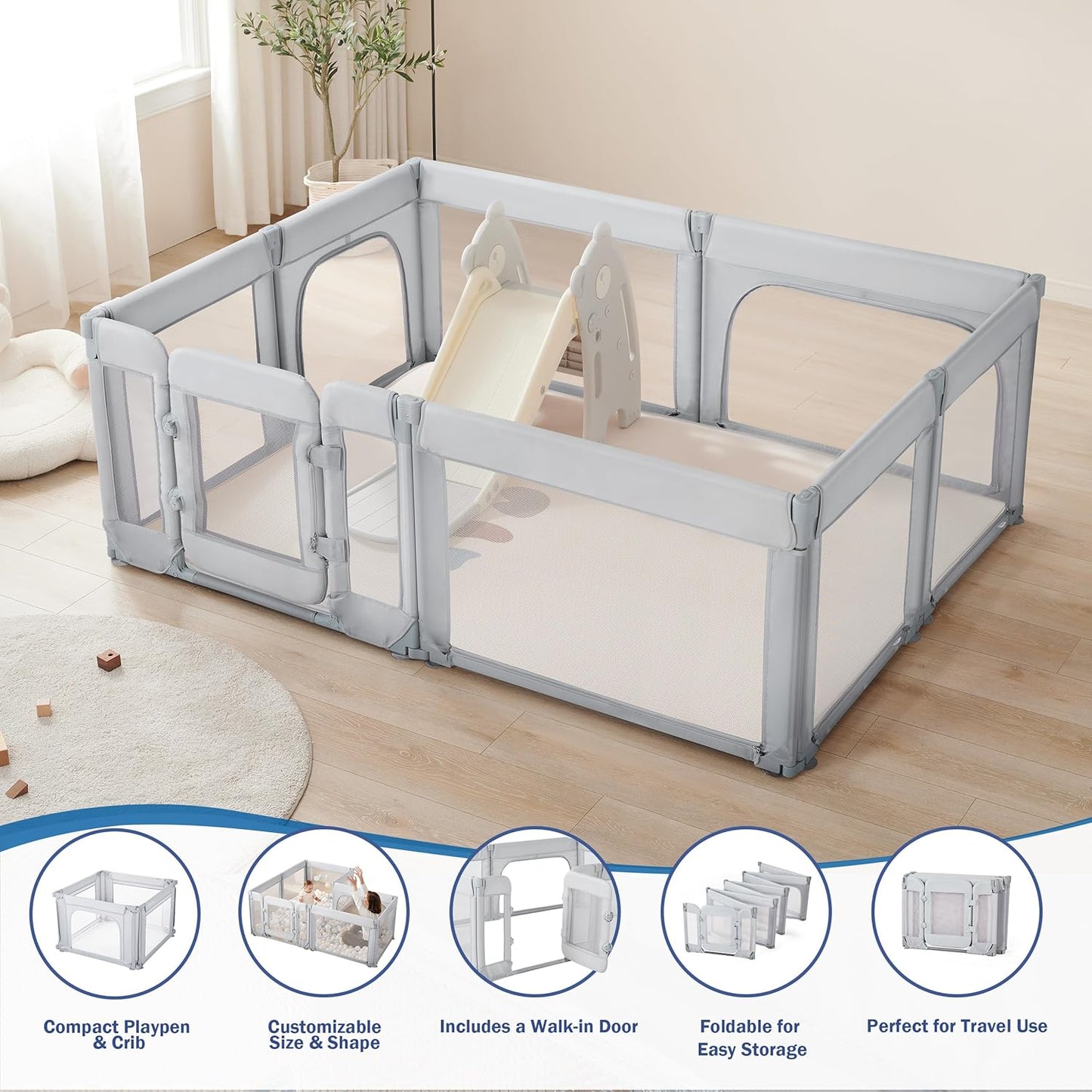 Sweeby Foldable Baby Playpen - Large 71x59 Play Yard with Gate for Indoor & Outdoor Use - Light Grey