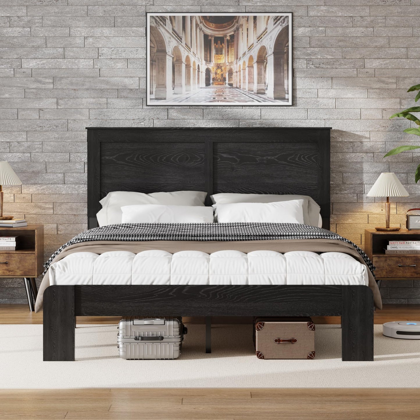 Full Size Wood Platform Bed Frame with Metal Structure, Industrial Style Bed with Wood Slats Support, No Box Spring Needed, Noise-Free Design, Large Underbed Storage, Easy Assembly, Dark Brown