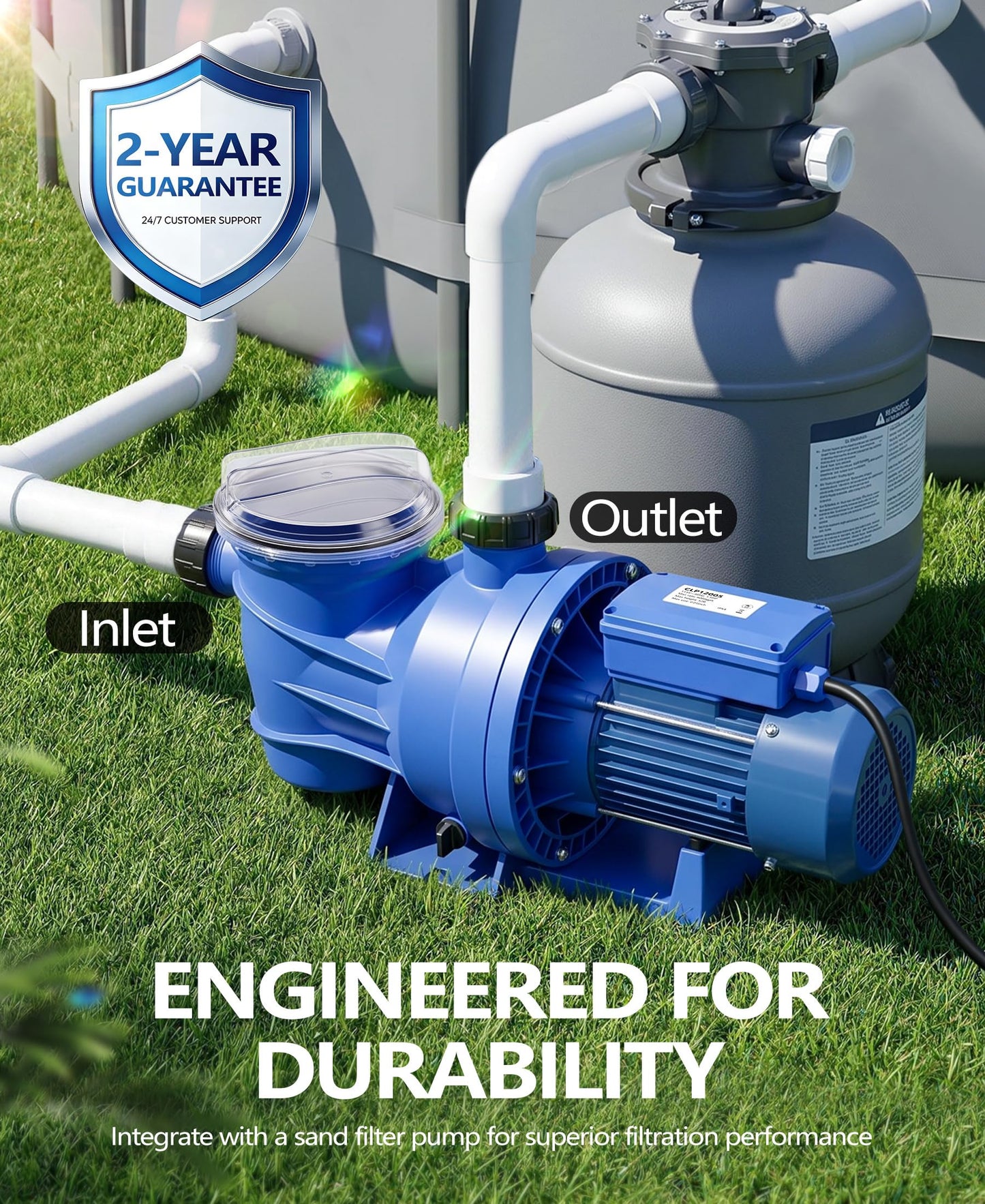 LuxBlue 1.5HP In/Above Ground Pool Pump | Powerful Self-Priming Pool Pumps | Max 6060GPH, 52FT Head Lift for Energy Efficient Water Circulation & Filtration, Includes 1.25"/1.5"/2" Hose Connectors