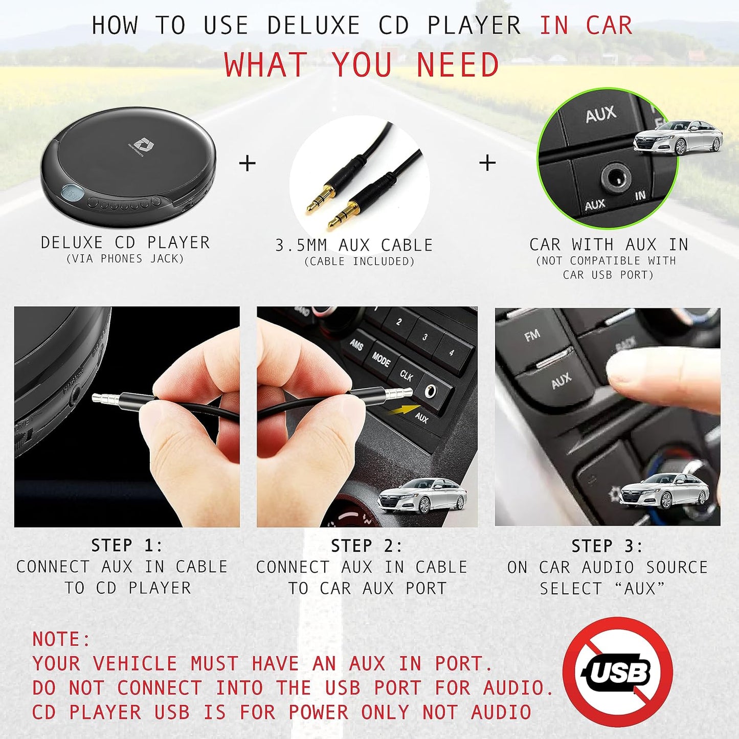 Deluxe Products 60 CD Player Portable with Second Anti Skip, Stereo Earbuds, Includes Aux in Cable and AC USB Power
