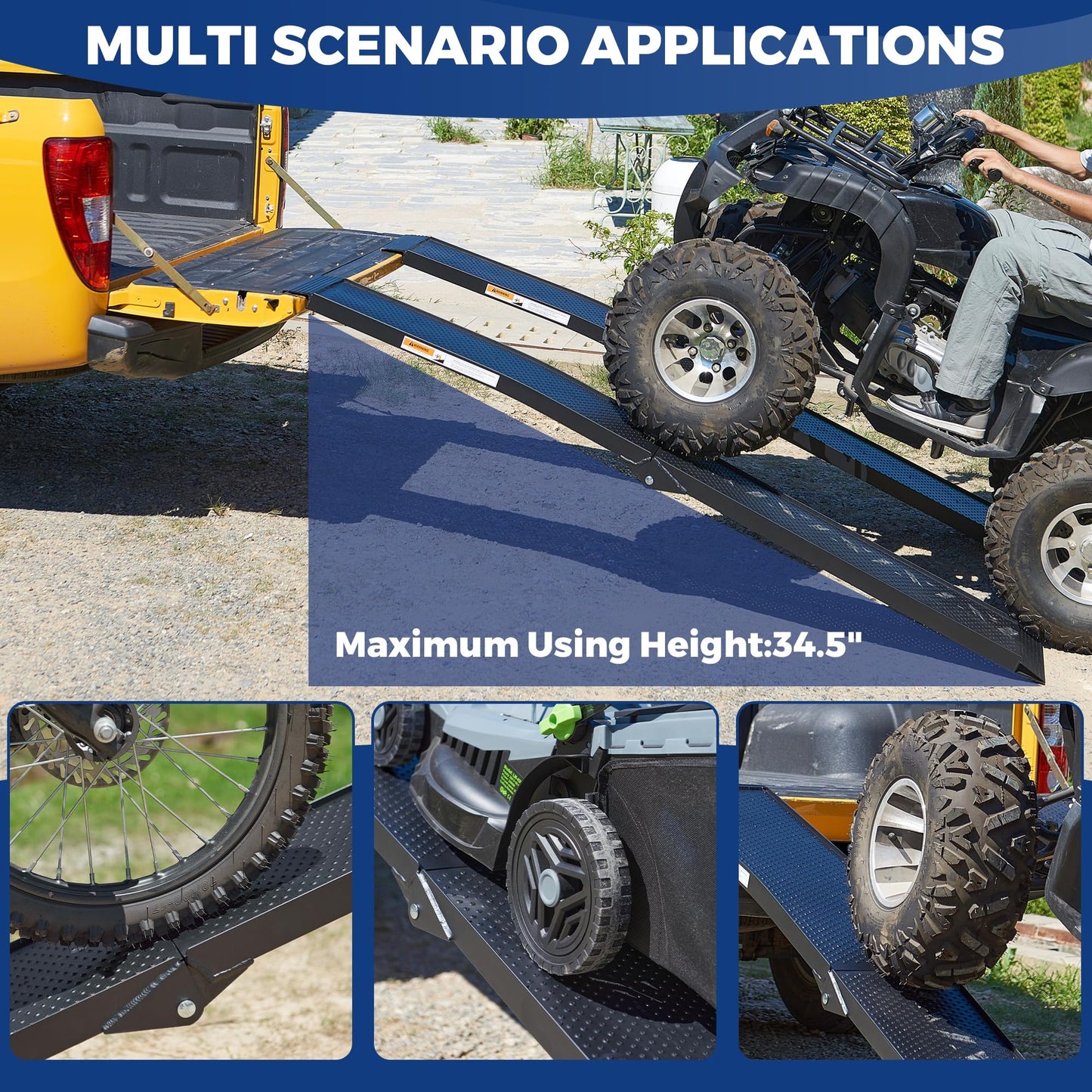 Aluminum Truck Ramps for ATV, UTV, Lawn Mower, Pickup Trucks - 1500LB Capacity 7.5FT Heavy Duty Loading Ramps with Handle & Buckle, Black, 2PCS