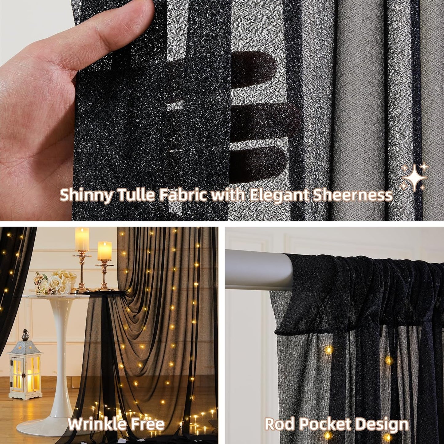 Wish Care 10x10FT Black Wrinkle Free Backdrop Curtains with Lights String for Parties - Photo Curtain Backdrop