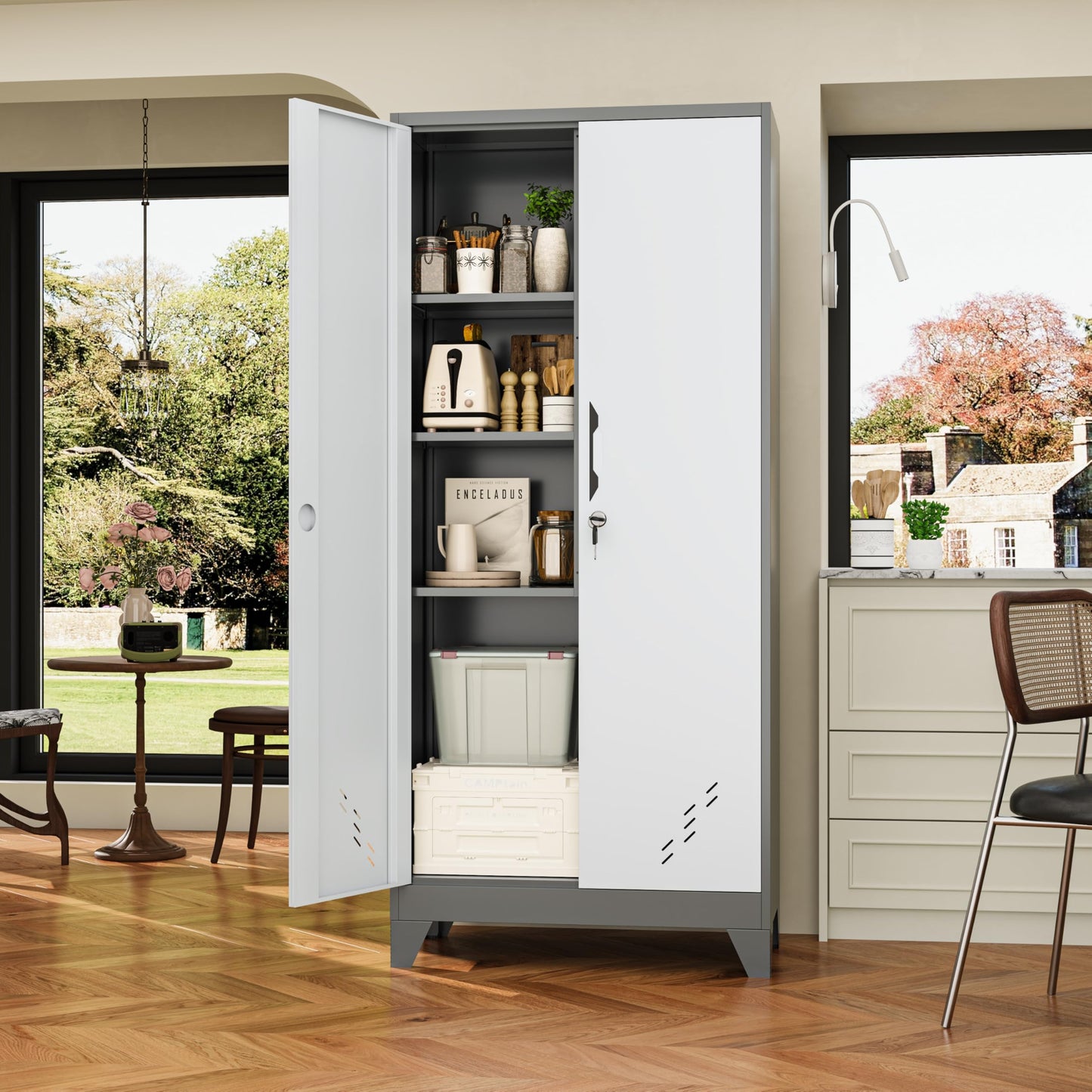 DUTYSEST Storage Cabinet 61" H, Locking Cabinet with Doors and Shelves, Metal Pantry Cabinets for Tool Organization,Gray White Cabinet with Removable Pegboard for Garage,Utility Room,Office