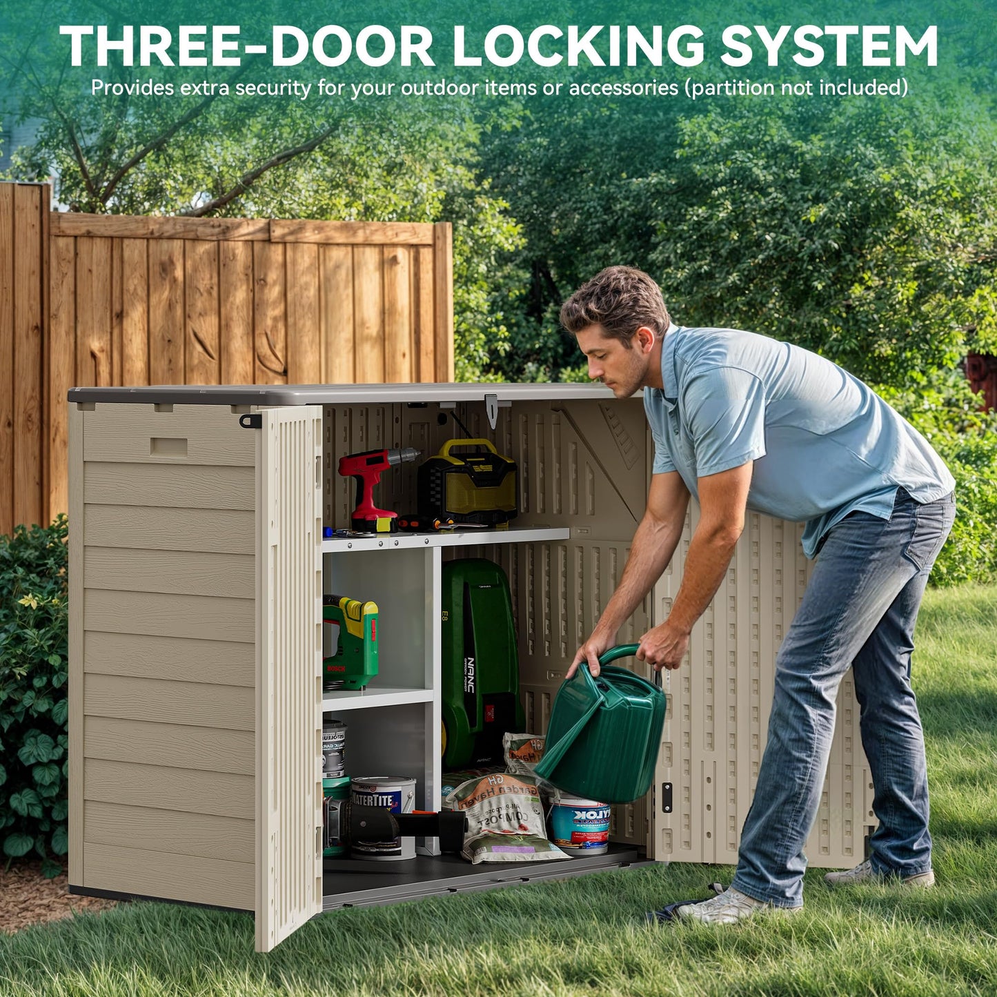YITAHOME 30 cuft Outdoor Storage Shed w/o Shelf, Horizontal Storage Cabinet for Garden Tool, Waterproof Storage Shed Plastic for Garage, Resin Pool Storage, Easy to Assemble, Khaki & Brown