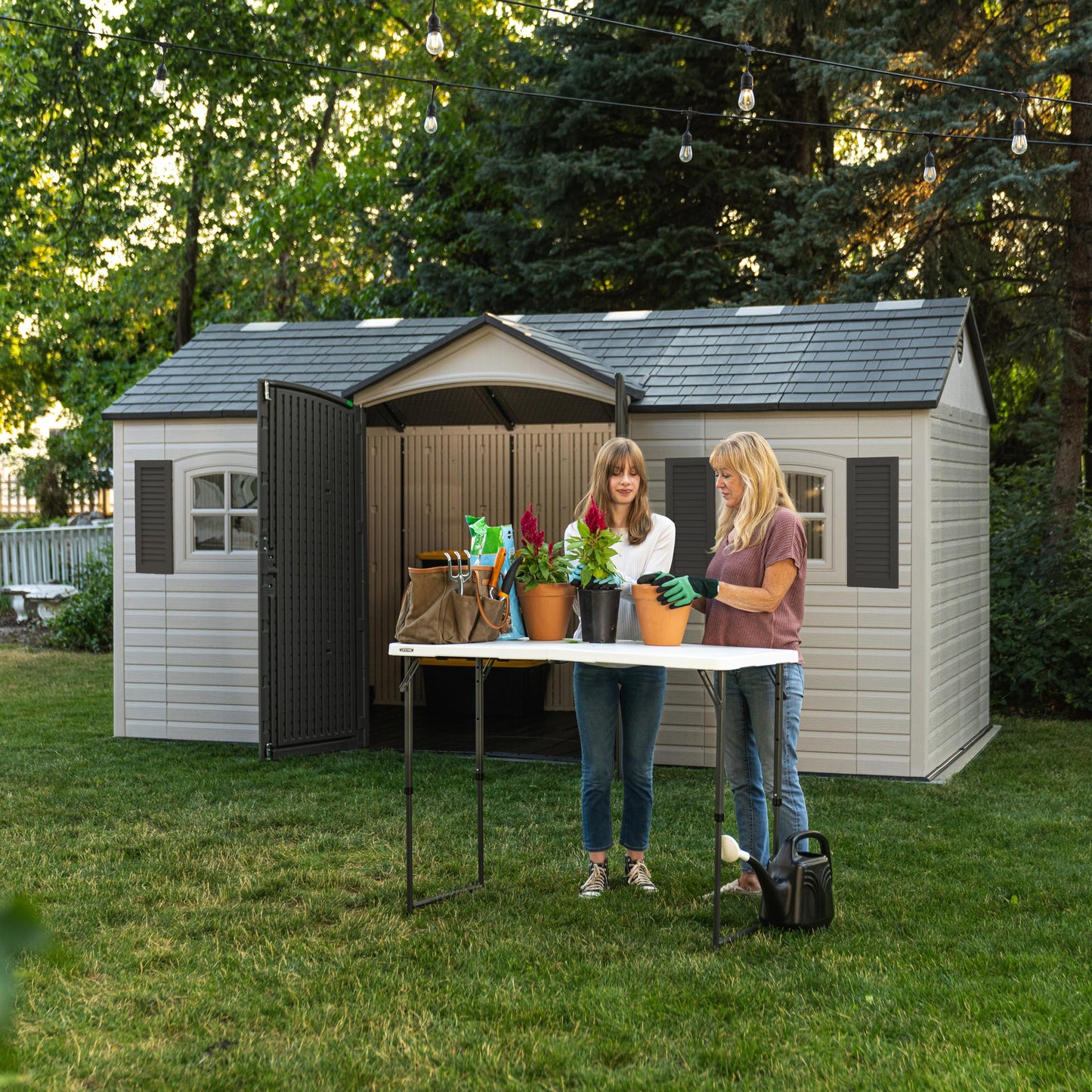 Lifetime Outdoor Storage Shed, 15x8 Ft, Desert Sand, Resin Backyard Tool Shed with Lockable Doors and UV-Protected Panels
