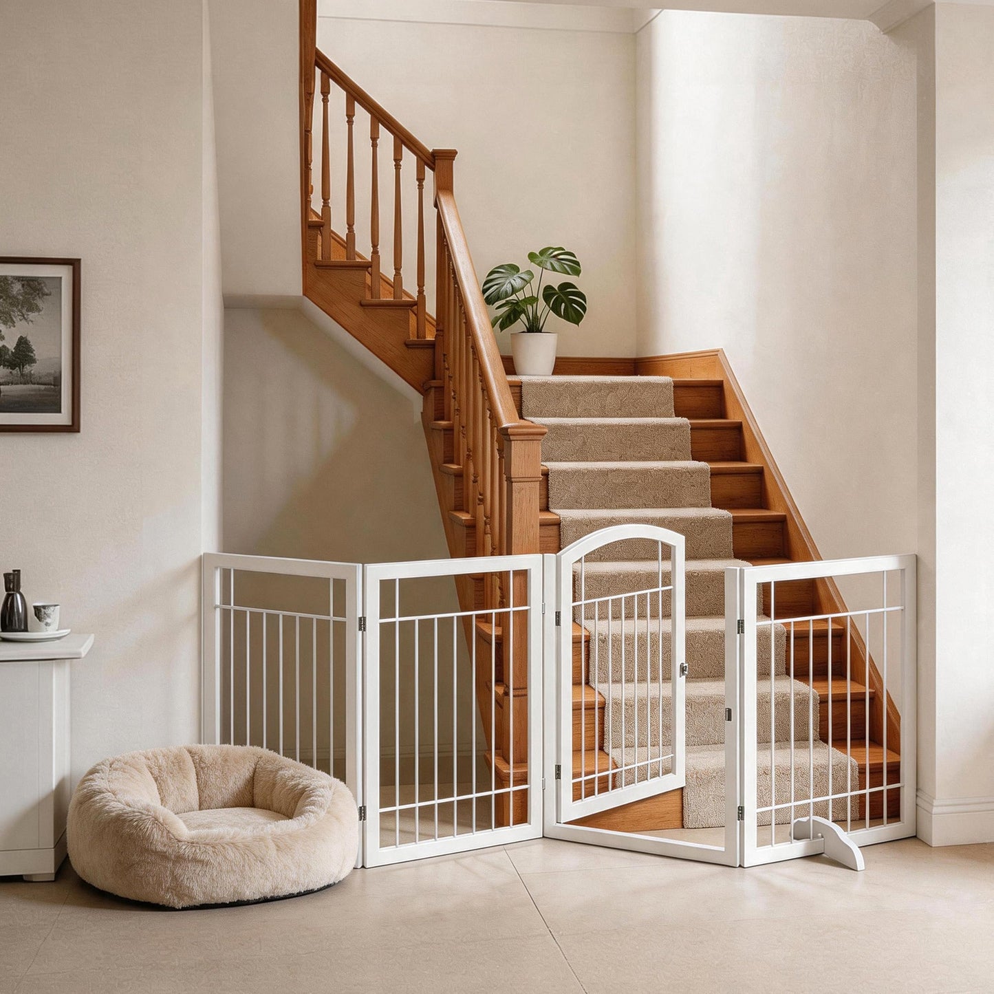 Vantas Folding Pet Gate 96" Wide, 30" Tall No-Assembly Metal Dog Gate with Door Walk Through, Freestanding Wire Pet Puppy Safety Fence, with 2PCS Support - White