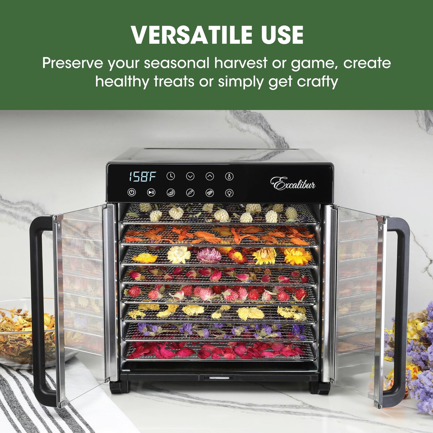 Excalibur Food Dehydrator 8-Tray for Jerky, Fruit, Vegetables, Herbs, Pet Treats, 7.2 Cu Ft Drying Space with Adjustable Temperature Control and 80 hour digital timer, 8-Tray, Stainless Steel