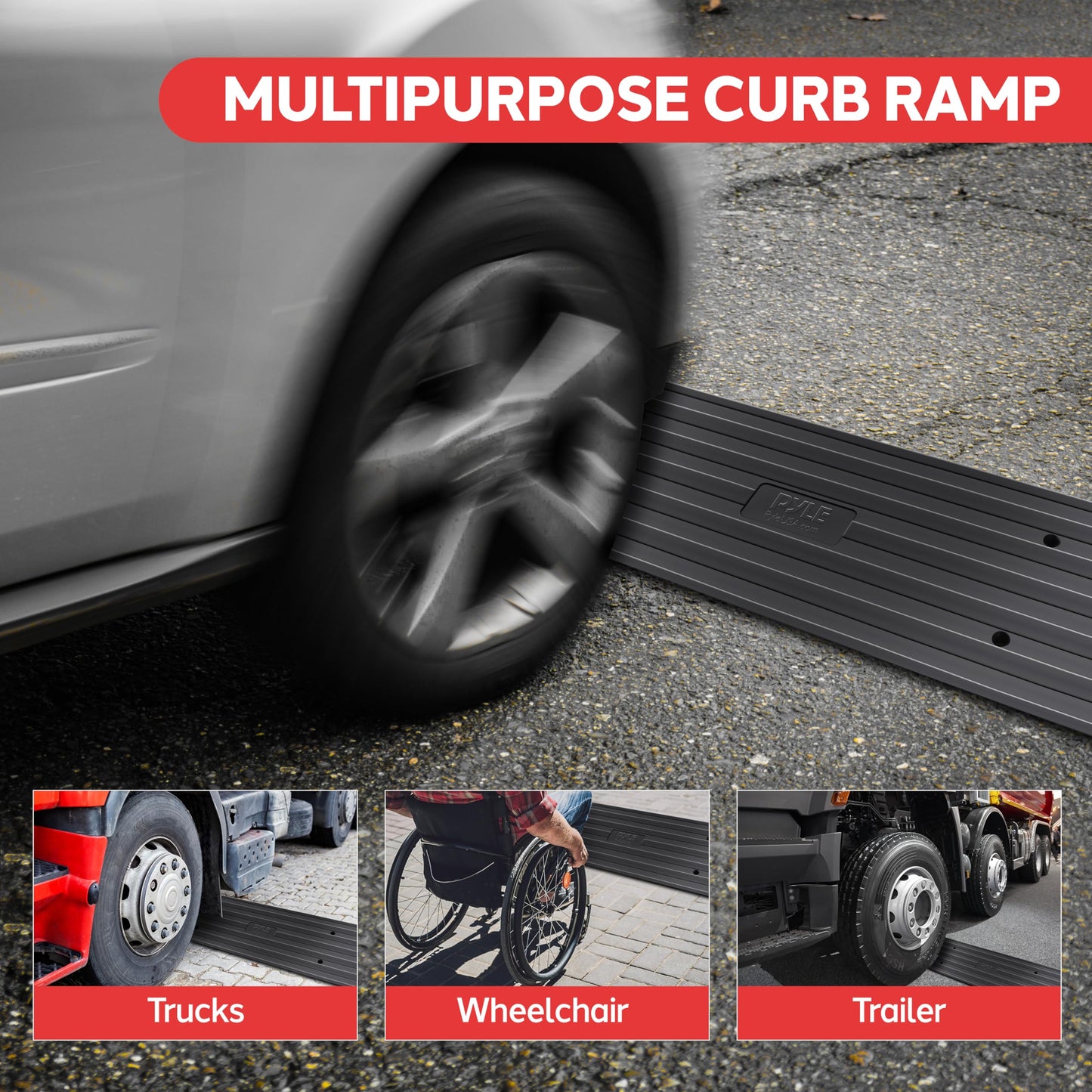 Car Vehicle Curbside Driveway Ramp - 4ft Heavy Duty Rubber Threshold Bridge Track Curb Ramp, for Loading Dock, Garage, Sidewalk, Truck, Scooter, Bike, Motorcycle, Wheelchair Mobility - Pyle PCRBDR21